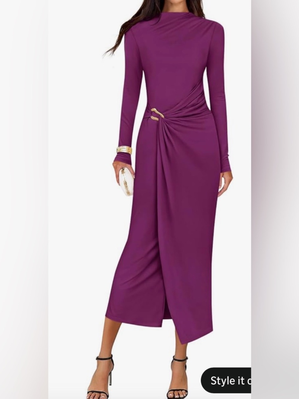 Purple Long Sleeve Draped Midi Dress with Side Hardware